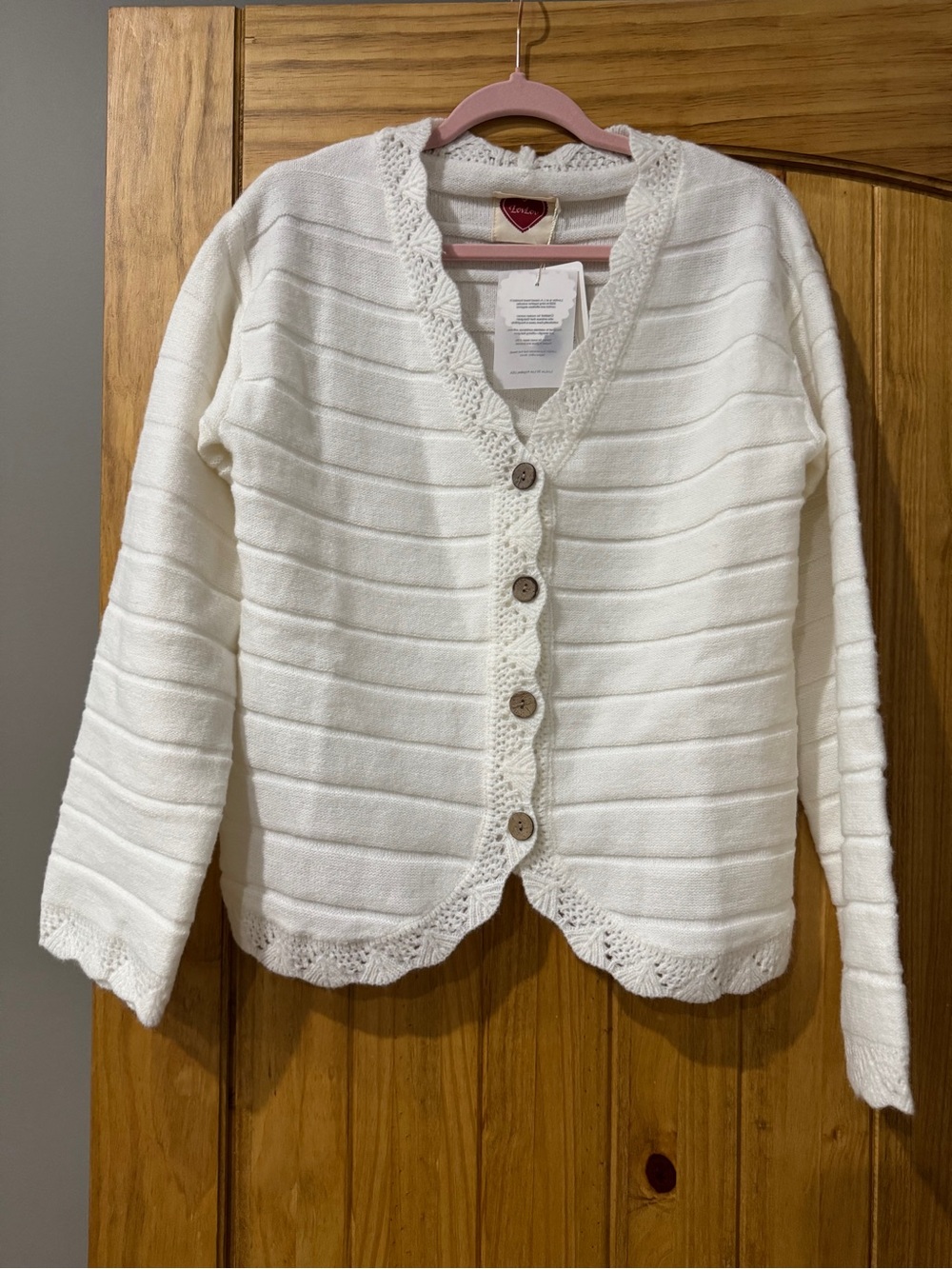 LovLov Cream Scallop-Trim Button Front Cardigan NWT